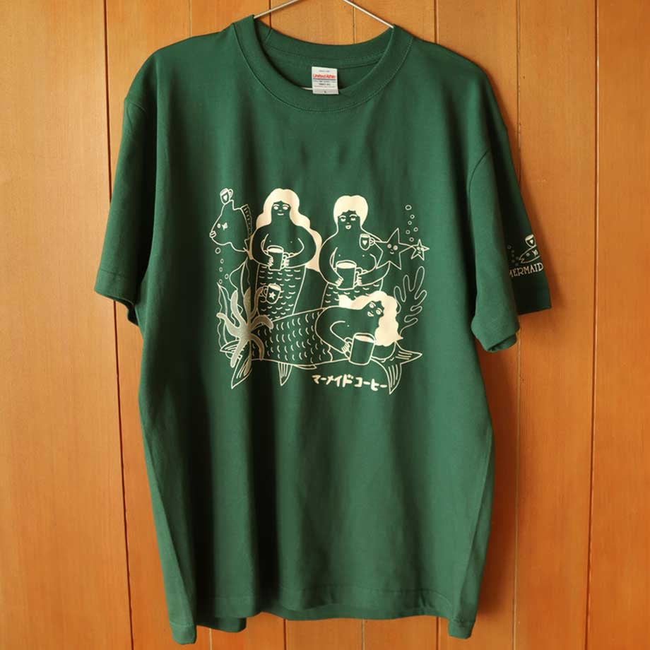 男女兼用】オリジナルマーメイドコーヒーTシャツ 深緑グリーン×白