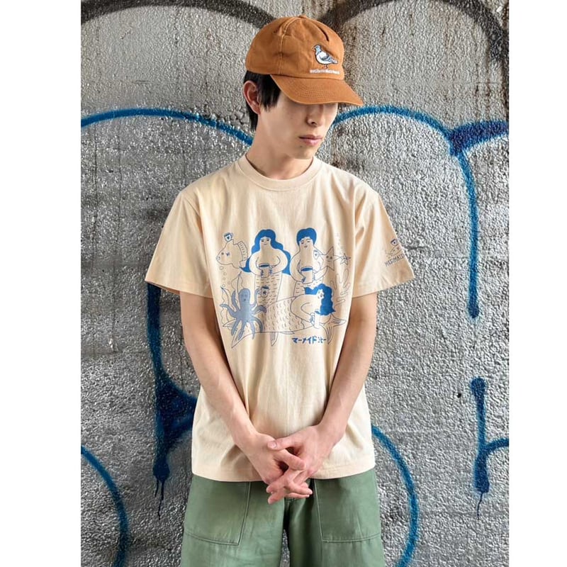 男女兼用】オリジナルマーメイドコーヒーTシャツ ベージュ×ブルー