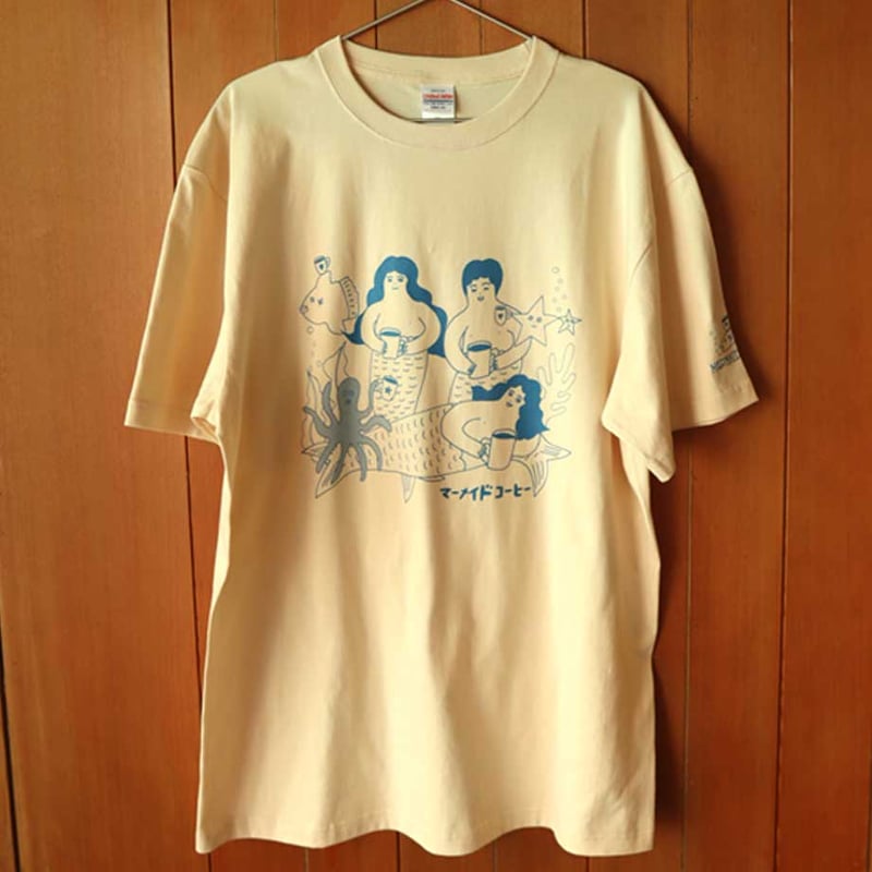 男女兼用】オリジナルマーメイドコーヒーTシャツ ベージュ×ブルー