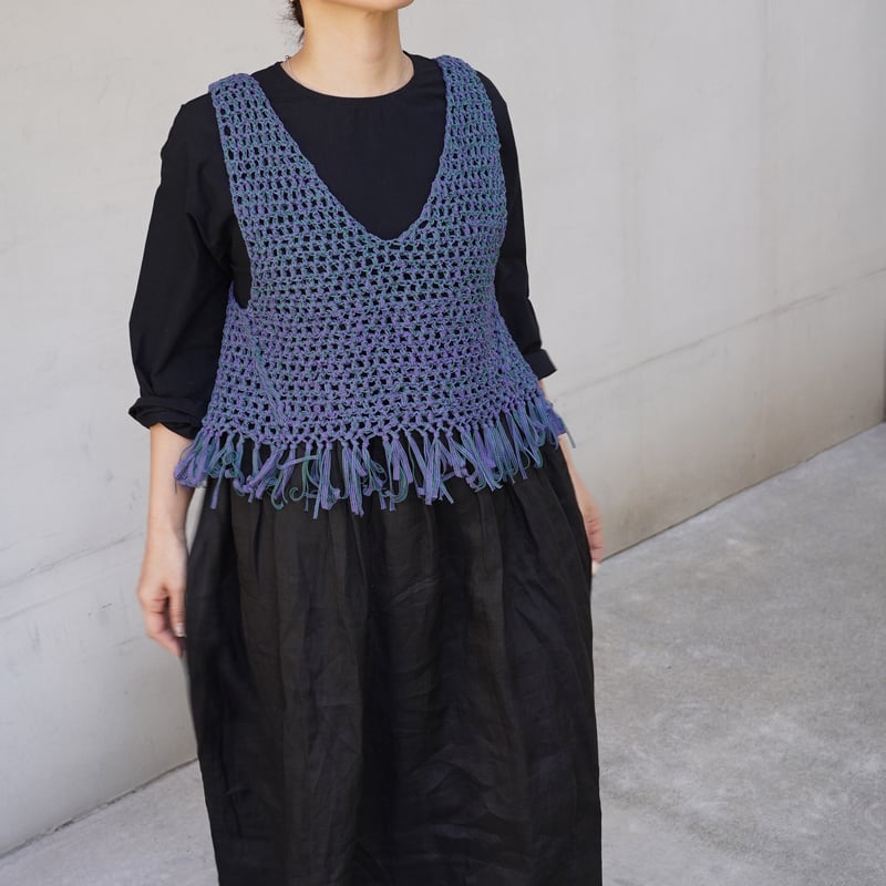 【新品】PUENTE プエンテ　手紡ぎカシュクールベスト　手編み　正藍染 プエンテ手紡ぎカシュクールベスト（ホワイト）Rueca（ルエッカ