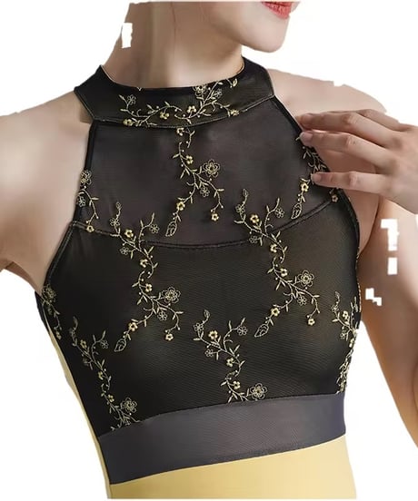 黒の刺繍レースメッシュ　イエローバレエレオタード