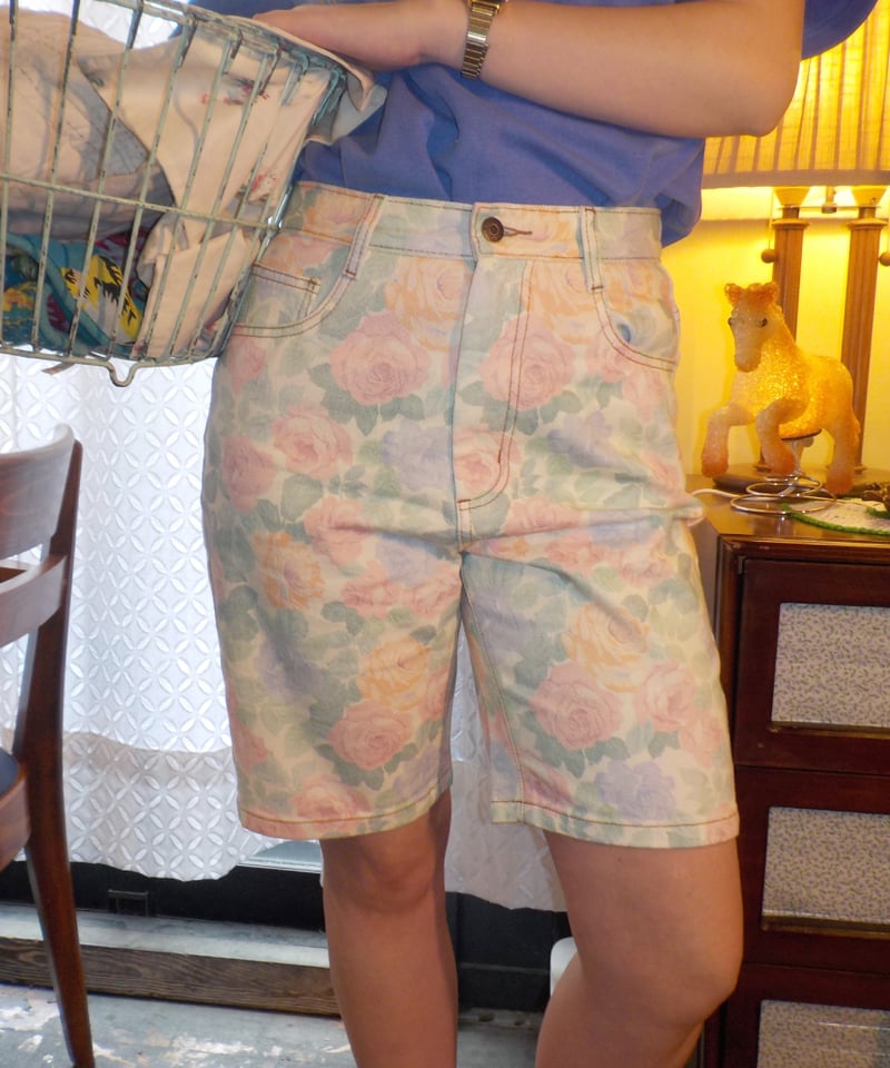Relaxed denim half pants / floral [ Shipped in
