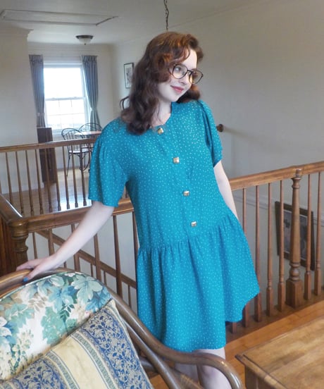 Square buttons dress / turquoise