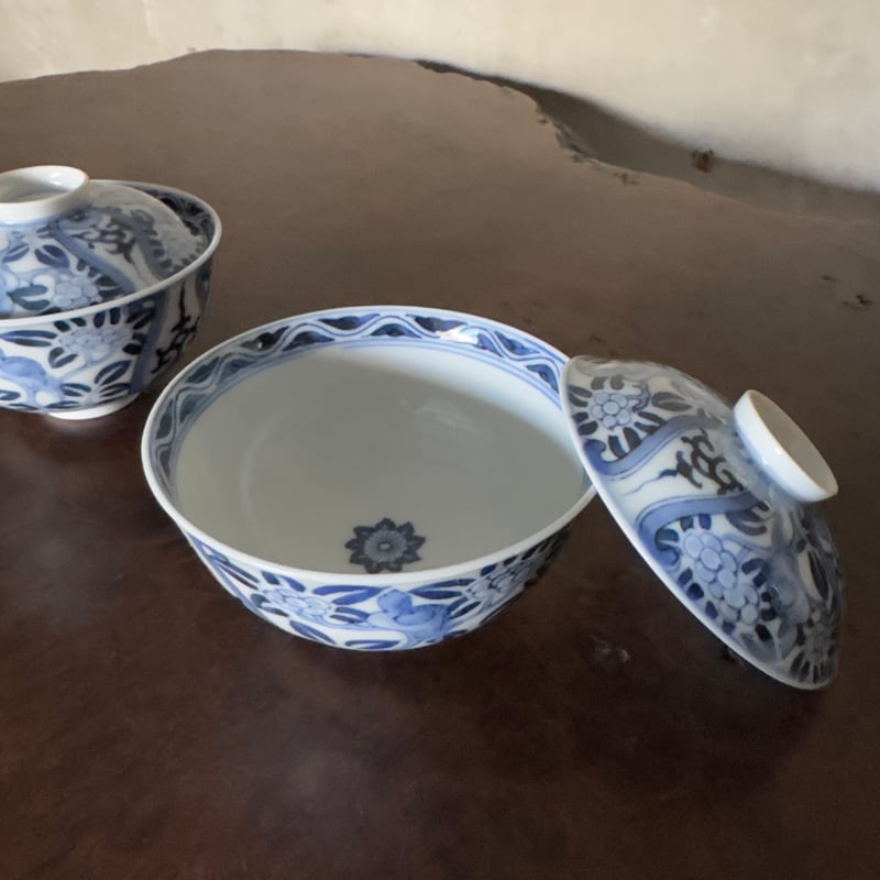 平戸三河内焼「嘉久房」窯 染付花鳥文蓋茶碗 2客 | Kaikaroman ONLINE