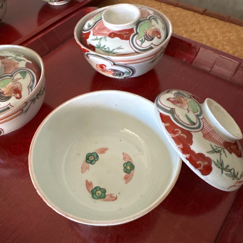 古伊万里 色絵窓絵鶏図 蓋茶碗 5客セット | Kaikaroman ONLINE STORE