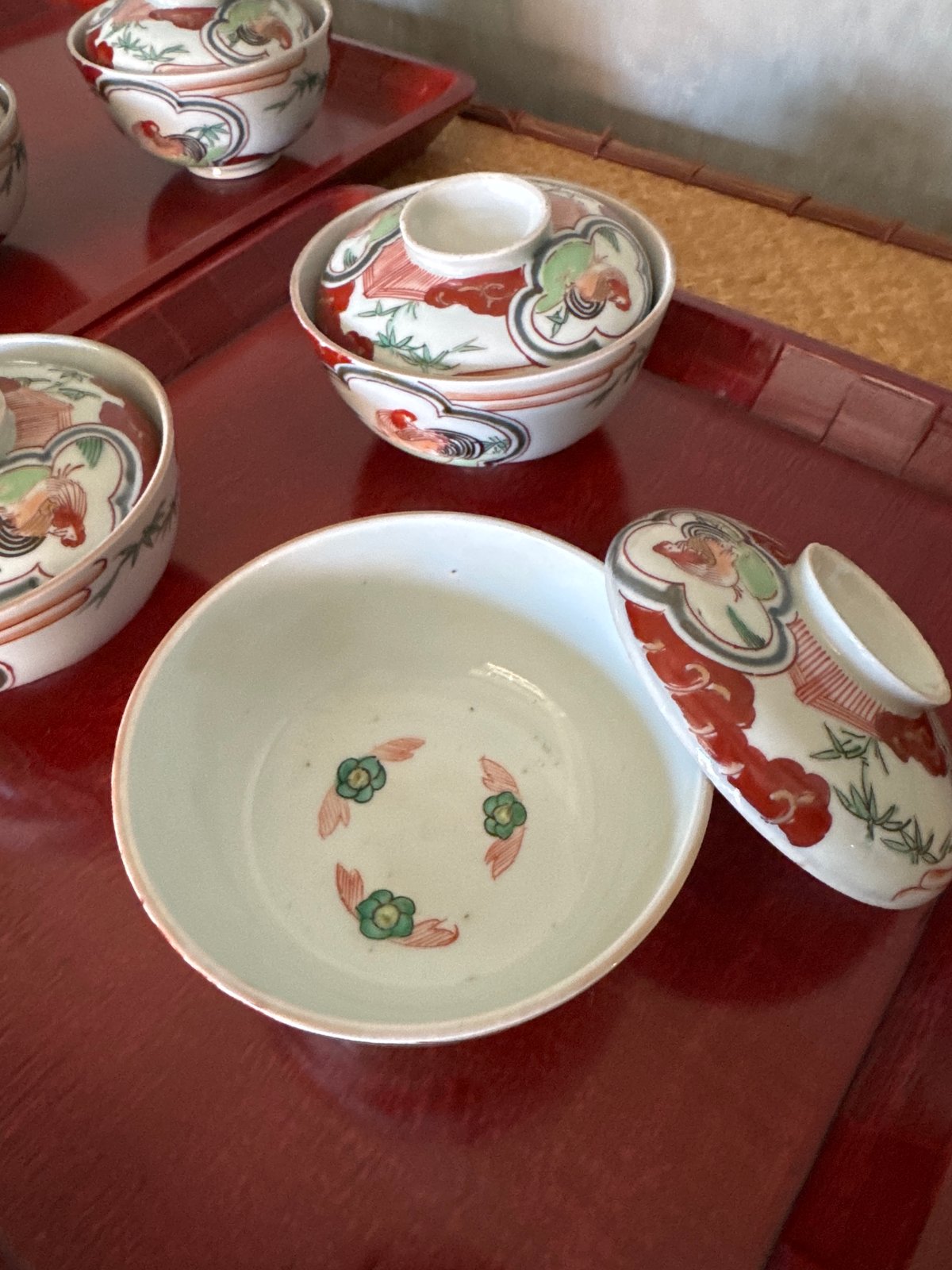 古伊万里 色絵窓絵鶏図 蓋茶碗 5客セット | Kaikaroman ONLINE STORE