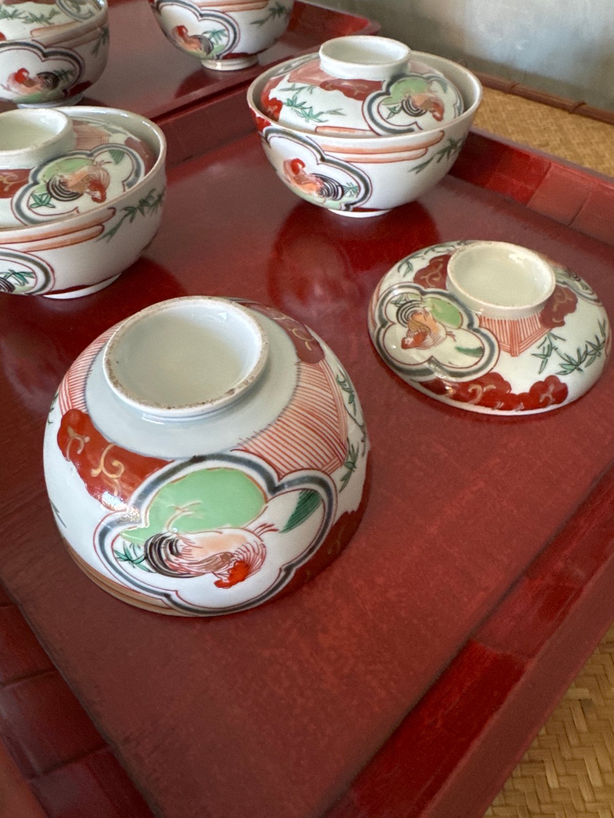 古伊万里 色絵窓絵鶏図 蓋茶碗 5客セット | Kaikaroman ONLINE STORE