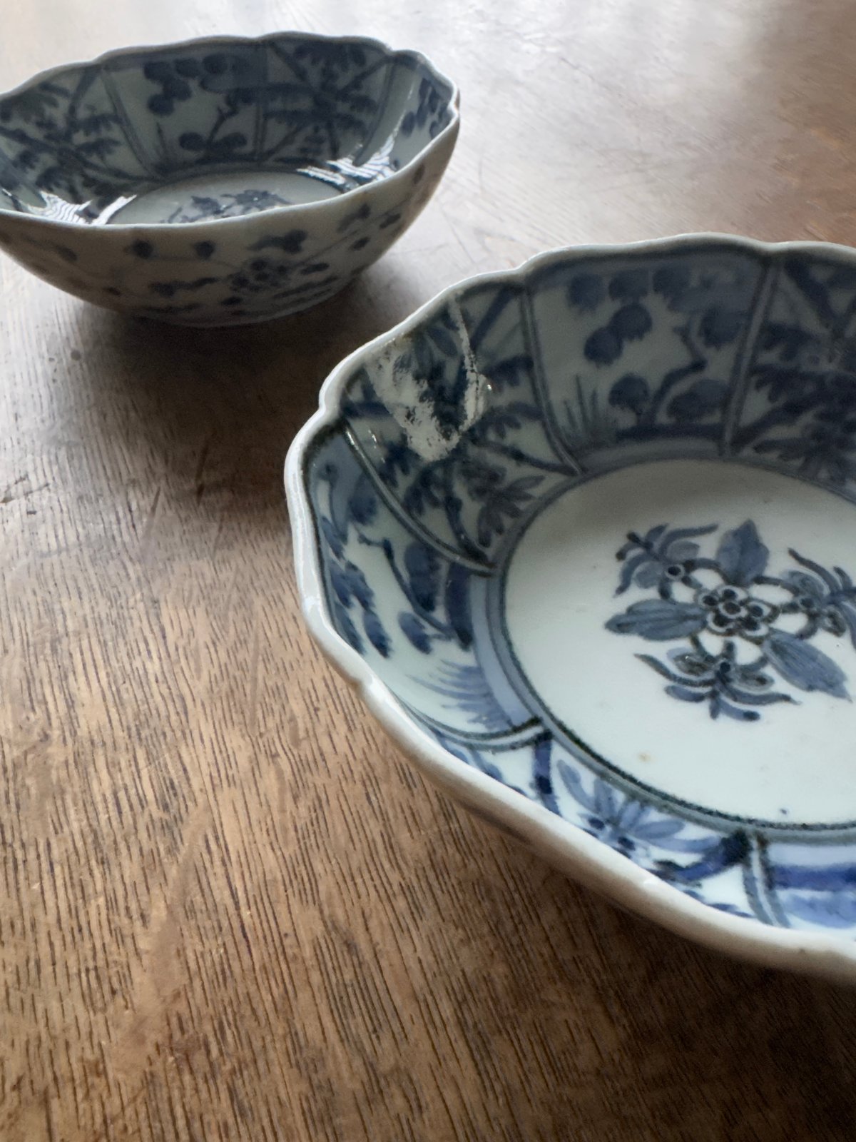 無傷完品　古伊万里　染付　輪花　深皿　膾皿　松竹梅　骨董　アンティーク 古伊万里 染付 輪花型膾皿 5客セット - 生活骨董と古布の