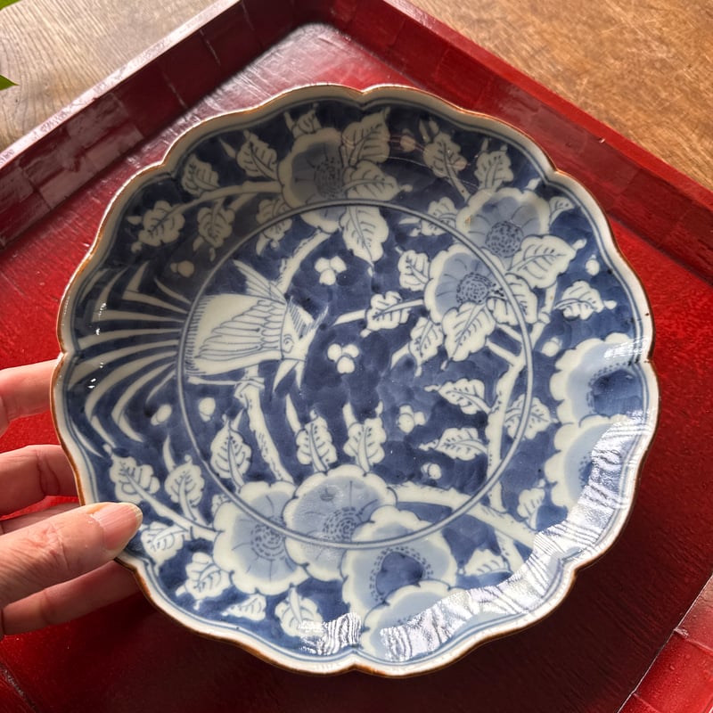 伊万里染付花鳥図七寸皿　∅21㎝　骨董　古伊万里　R0027w2B3 古伊万里 染付白抜花鳥雪輪文 輪花七寸皿 1枚 | Kaikaroman ONLINE STORE