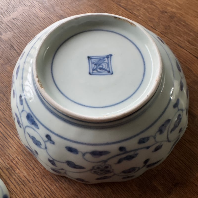 古伊万里 染付松竹梅文 輪花膾皿 渦福銘 2客セット | Kaikaroman