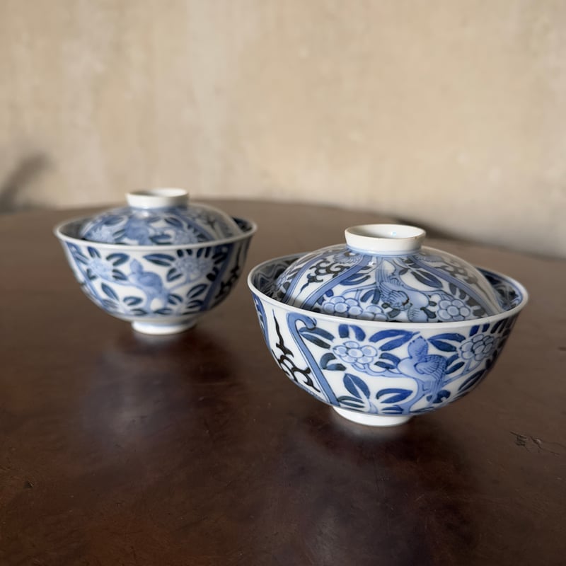 平戸三河内焼「嘉久房」窯 染付花鳥文蓋茶碗 2客 | Kaikaroman ONLINE