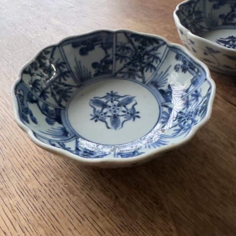 古伊万里 染付松竹梅文 輪花膾皿 渦福銘 2客セット | Kaikaroman