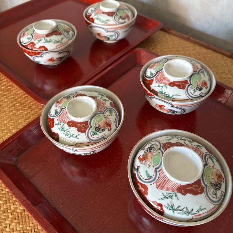 古伊万里 色絵窓絵鶏図 蓋茶碗 5客セット | Kaikaroman ONLINE STORE