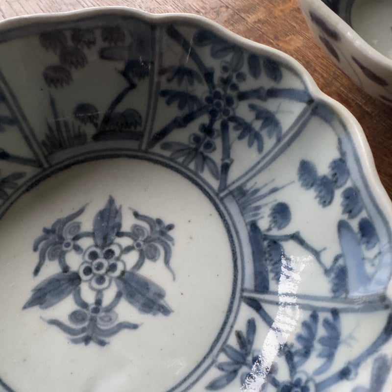無傷完品　古伊万里　染付　輪花　深皿　膾皿　松竹梅　骨董　アンティーク 古伊万里 染付 輪花型膾皿 5客セット - 生活骨董と古布の