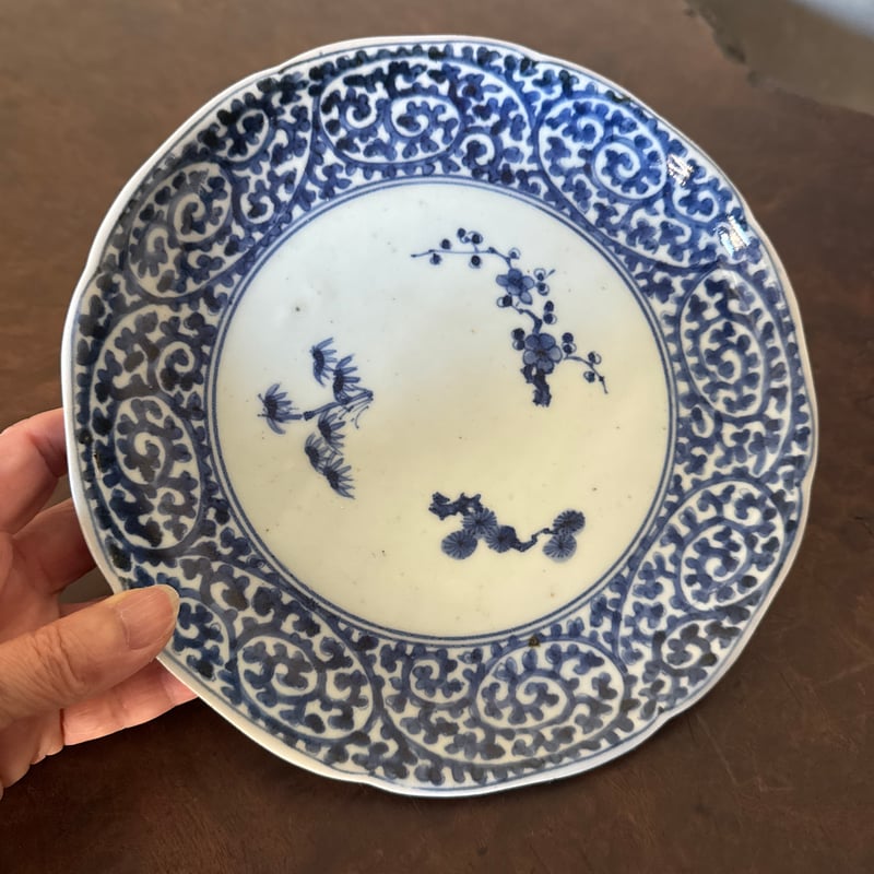 古伊万里　伊万里　染付　古染付　蛸唐草　唐草文　江戸期　蔵出し　中皿　１客 古伊万里染付草花文蛸唐草文大皿 江戸時代中期頃(文化十二年の箱入) 古