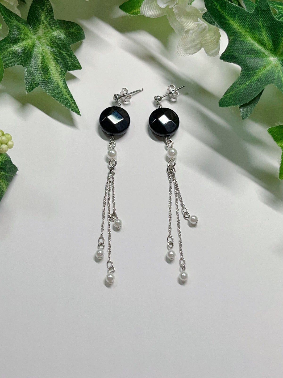 漆黒のオニキスの綺麗めピアス(イヤリング)シルバー | rienobe