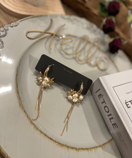 𝒩𝑜.28 ゴールドフープパール花チャームピアス 2way
