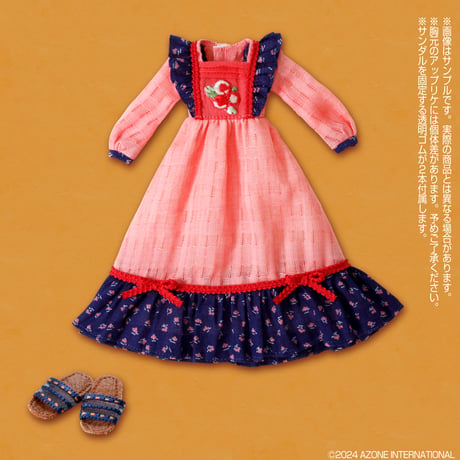 BonBons レトロ花柄ワンピースセット ライトオレンジ×ネイビー