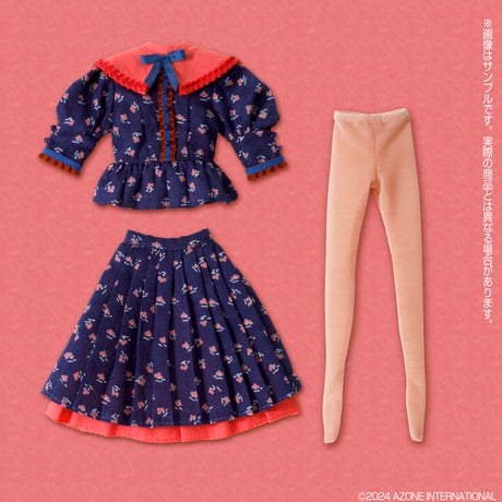 BonBons レトロ花柄ブラウス＆スカートセット ネイビー×オレンジ