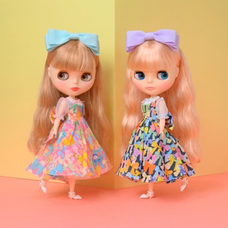 リボン柄ワンピースセット ネイビー for 22cm doll Dear Darling fa