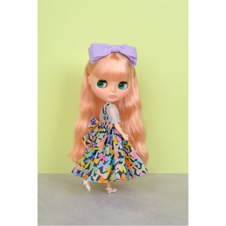 リボン柄ワンピースセット ネイビー for 22cm doll Dear Darling fashion for dolls