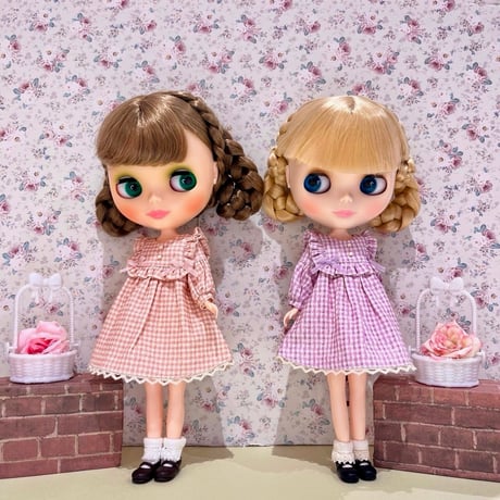 ヨークギンガムワンピース パープル for 22cm dolls Dear Darling fashion for dolls