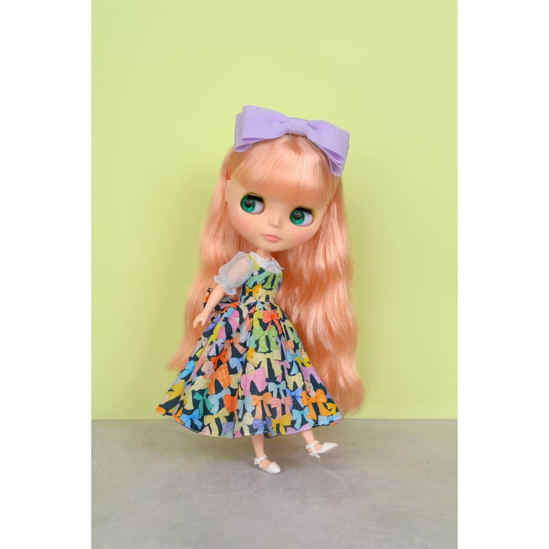 オリジナルリボン柄ワンピース リボン柄ワンピースセット ネイビー for 22cm doll Dear Darling