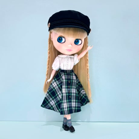 バックル付きチェックスカート ネイビー for 22cm dolls Dear Darling fashion for dolls