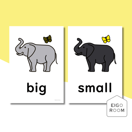 絵カード〈Adjectives  "big" "small" Flashcards  形容詞「大きい」「小さい」ピクチャーカード 〉 ３pages