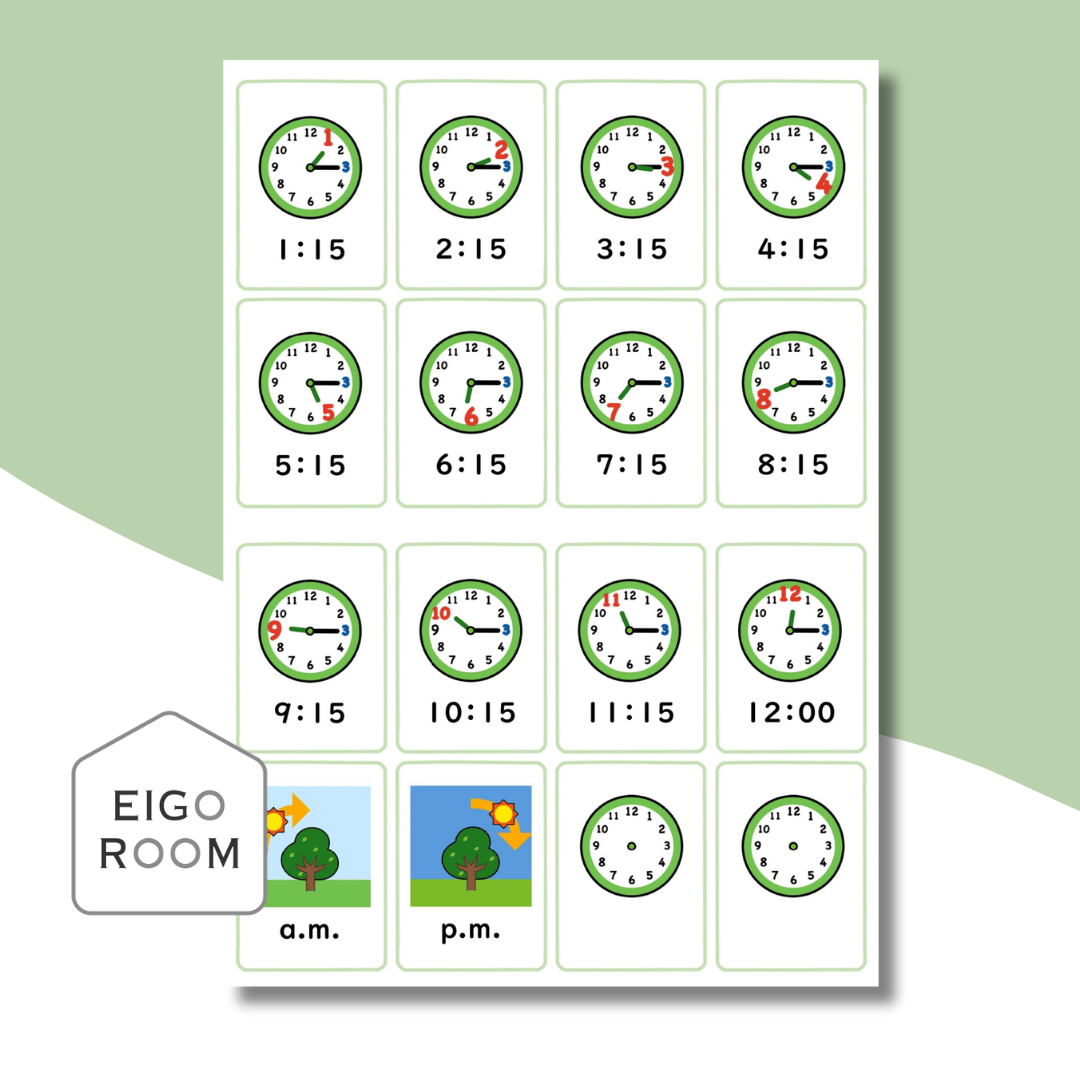 お試し☆絵カード ミニカード〈Time ○○:15 Mini Cards 時間・時計・◯時15分 ミニ