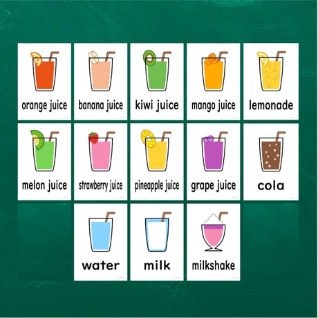 絵カード〈Drink Flashcards 飲み物ピクチャーカード〉 13pages