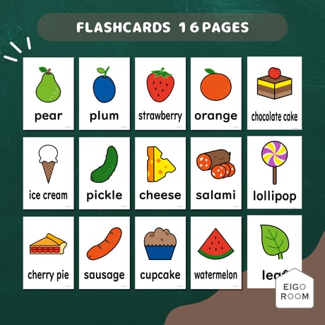 絵カード〈"The Very Hungry Caterpillar" Foods Flashcards『はらぺこあおむし』モチーフ食べ物ピクチャーカード〉 １６page