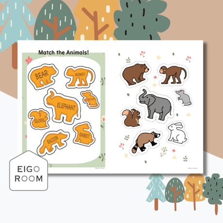 アクティビティ〈Forest Animal Cookies Matching Game Worksheet 森の動物クッキー絵合わせゲーム〉 １page