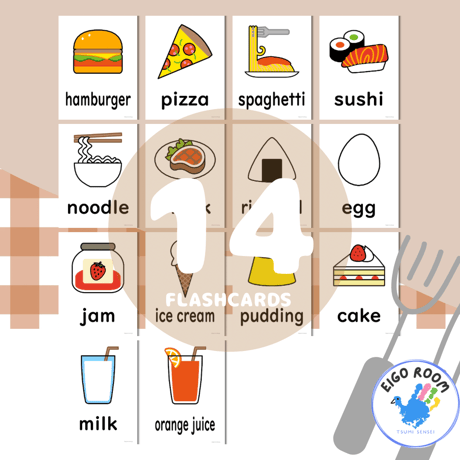 絵カード〈『Let's try!１』完全対応◎  Foods and Drinks Flashcards 飲み物食べ物ピクチャーカード〉 １４pages