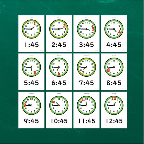 絵カード〈Time  Flashcards 時間・時計・◯:45 〇時45分ピクチャーカード〉12pages