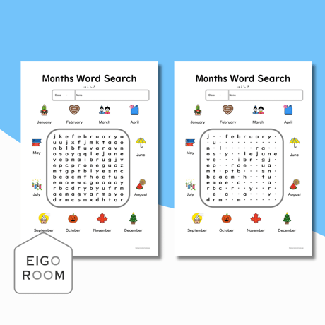 ワードサーチ〈Months Word Search １２ヶ月の文字さがし（小文字）・答え付き〉 ２pages
