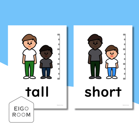 絵カード〈Adjectives  "tall" "short" Flashcards  形容詞「高い」「低い」ピクチャーカード 〉 ３pages