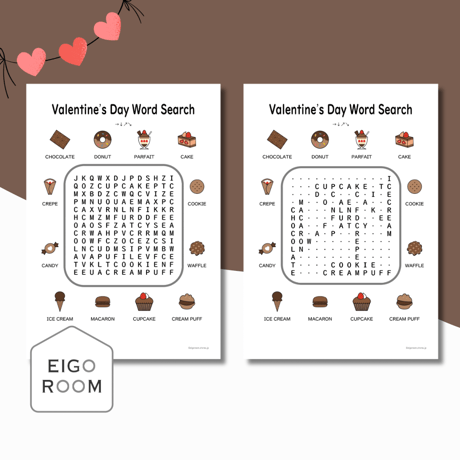 ワードサーチ〈Valentine's Day Dessert Word Search バレンタインのお菓子文字さがし（大文字）・答え付き〉 ２pages