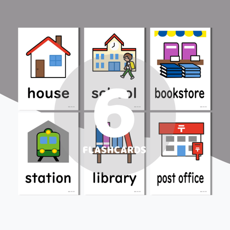 絵カード〈『Here We Go!５』完全対応◎ Town Flashcards 町・街・店ピクチャーカード①〉 ６pages