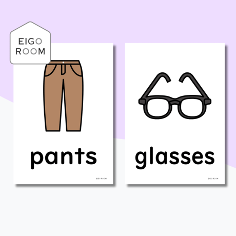 絵カード〈『Here We Go!５』完全対応◎  Belongings and Clothes Flashcards 身のまわりのもの・洋服③ピクチャーカード〉 ８pages