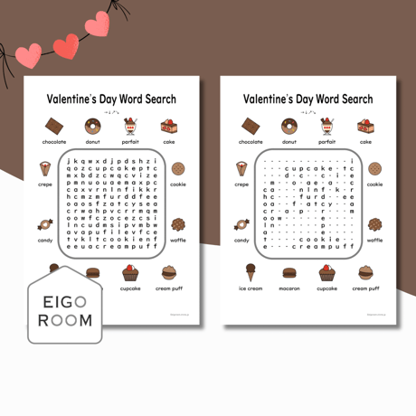 ワードサーチ〈Valentine's Day Dessert Word Search バレンタインのお菓子文字さがし（小文字）・答え付き〉 ２pages