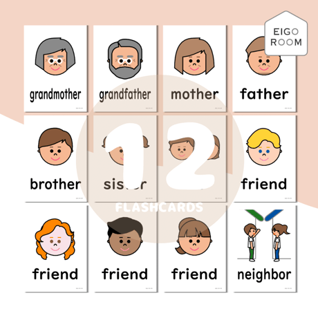 絵カード〈『Here We Go!５』完全対応◎  Family Members and Friends Flashcards 家族と友達ピクチャーカード〉 １２pages