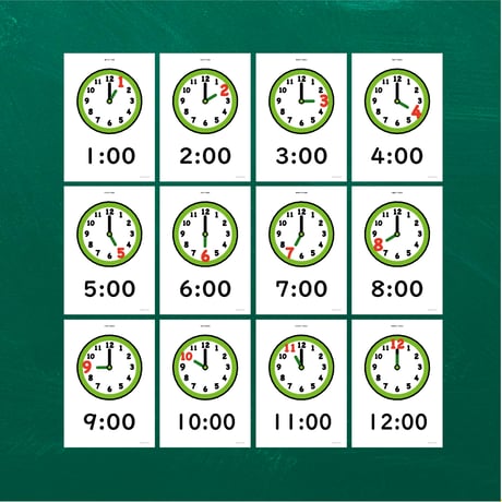 絵カード〈Time  Flashcards 時間・時計・◯時ピクチャーカード〉12pages