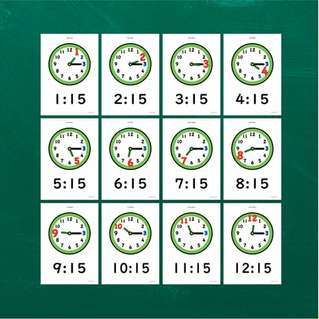 絵カード〈Time  Flashcards 時間・時計・◯:15 〇時15分ピクチャーカード〉12pages