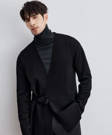 merino wool no collar knit tie cardigan /2color　SH2293
