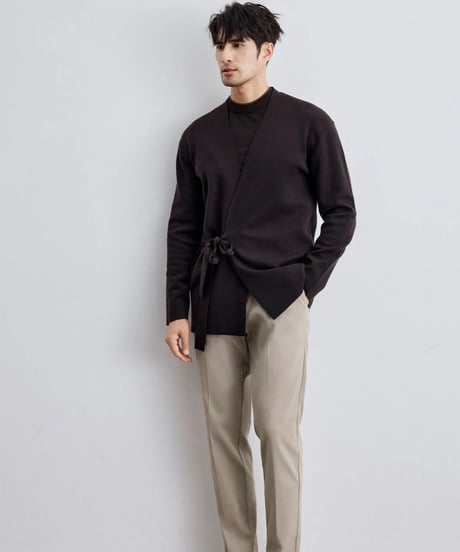 merino wool no collar knit tie cardigan /2color　SH2293