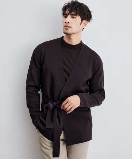 merino wool no collar knit tie cardigan /2color　SH2293