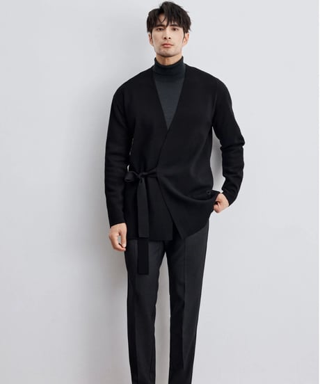 merino wool no collar knit tie cardigan /2color　SH2293