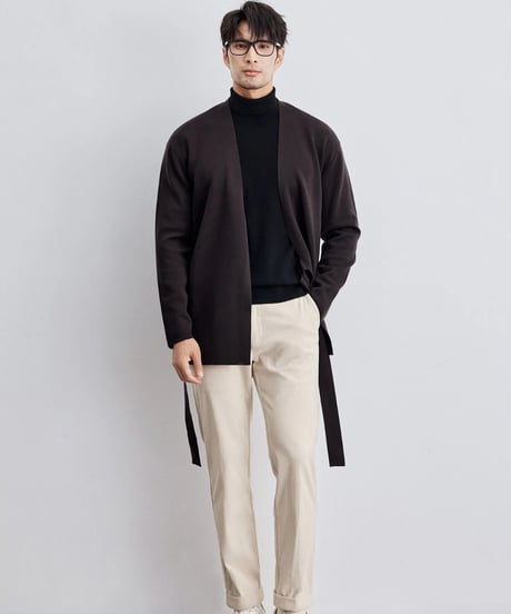 merino wool no collar knit tie cardigan /2color　SH2293