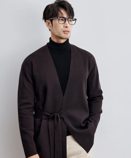merino wool no collar knit tie cardigan /2color　SH2293
